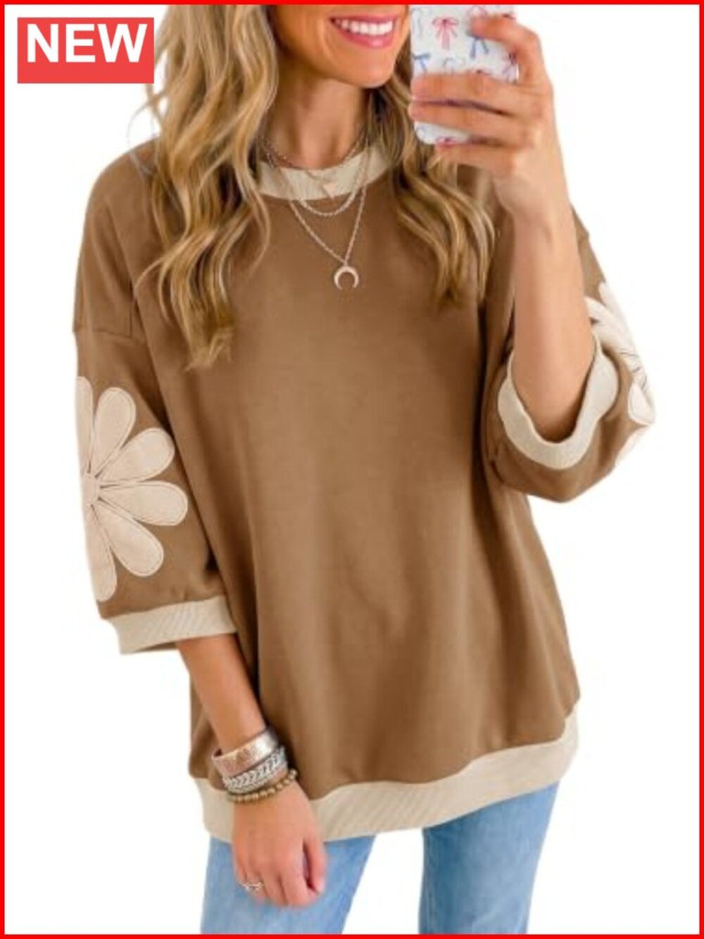 Womens Floral Patch Crewneck Pullover 3/4 Sleeve Oversized Cotton Polyester